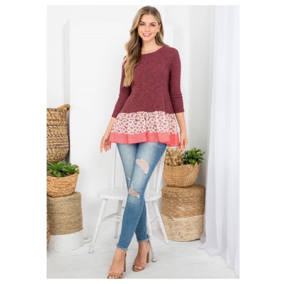 BURGUNDY KNIT AND PRINT RUFFLE TOP - Picture 8 of 9